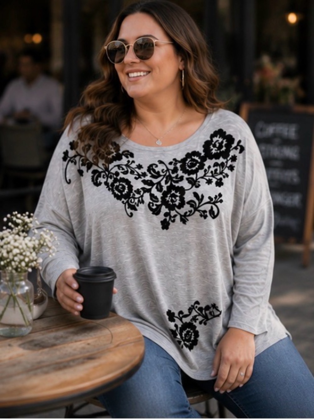 INC International Concepts Light Gray Sweatshirt with Black Floral Flock